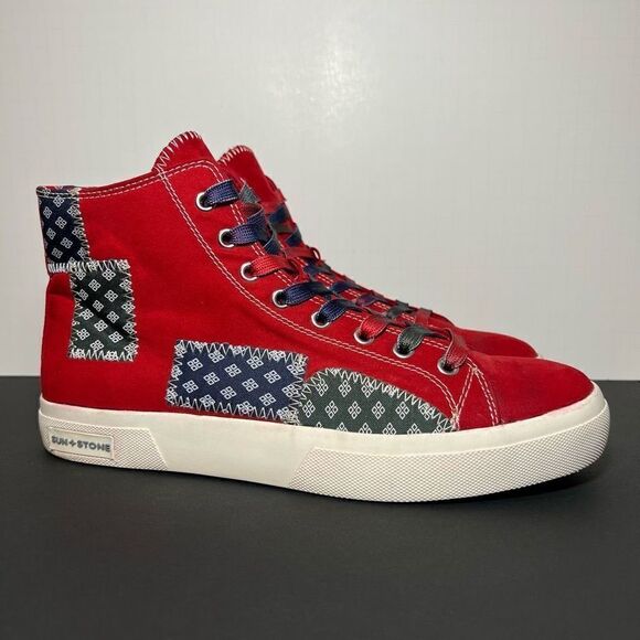 Mens SUN + STONE Mesa Red Patchwork High Top Sneakers / Size 10 Medium - Picture 1 of 9